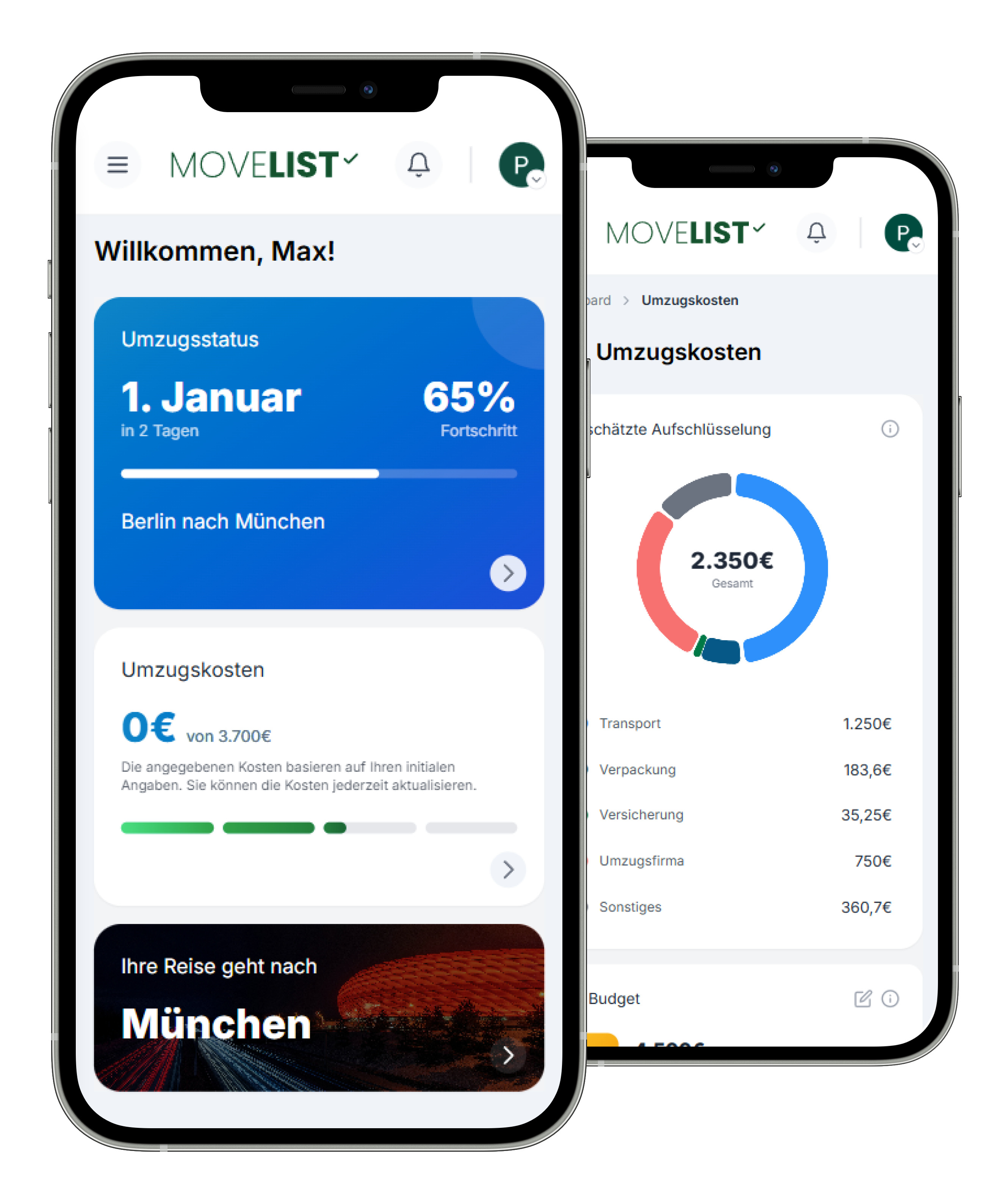 Umzugsplaner App Startseite und Kostenübersicht